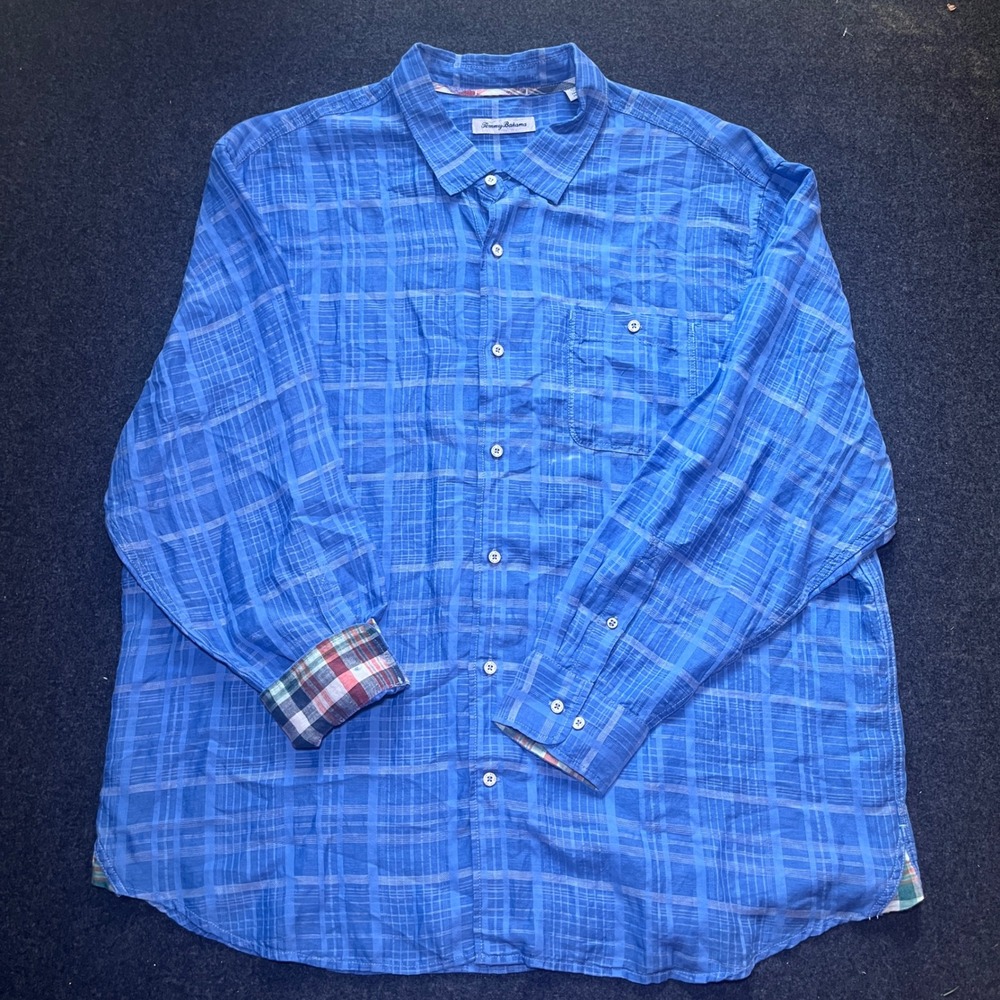 Tommy Bahama Shirt Mens 2XLB Blue Excellent Linen Tencel Plaid Long Sleeve - Picture 4 of 7